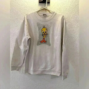 Vintage 1993 Looney Tunes Tweety Sweatshirt Sequin Patch White Unisex Loungewear